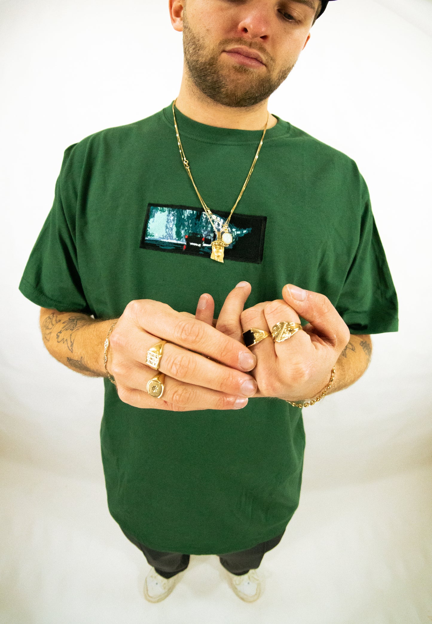 A/W23 Embroidered 'Under The Bridge In The Rain' T-Shirt {forest}