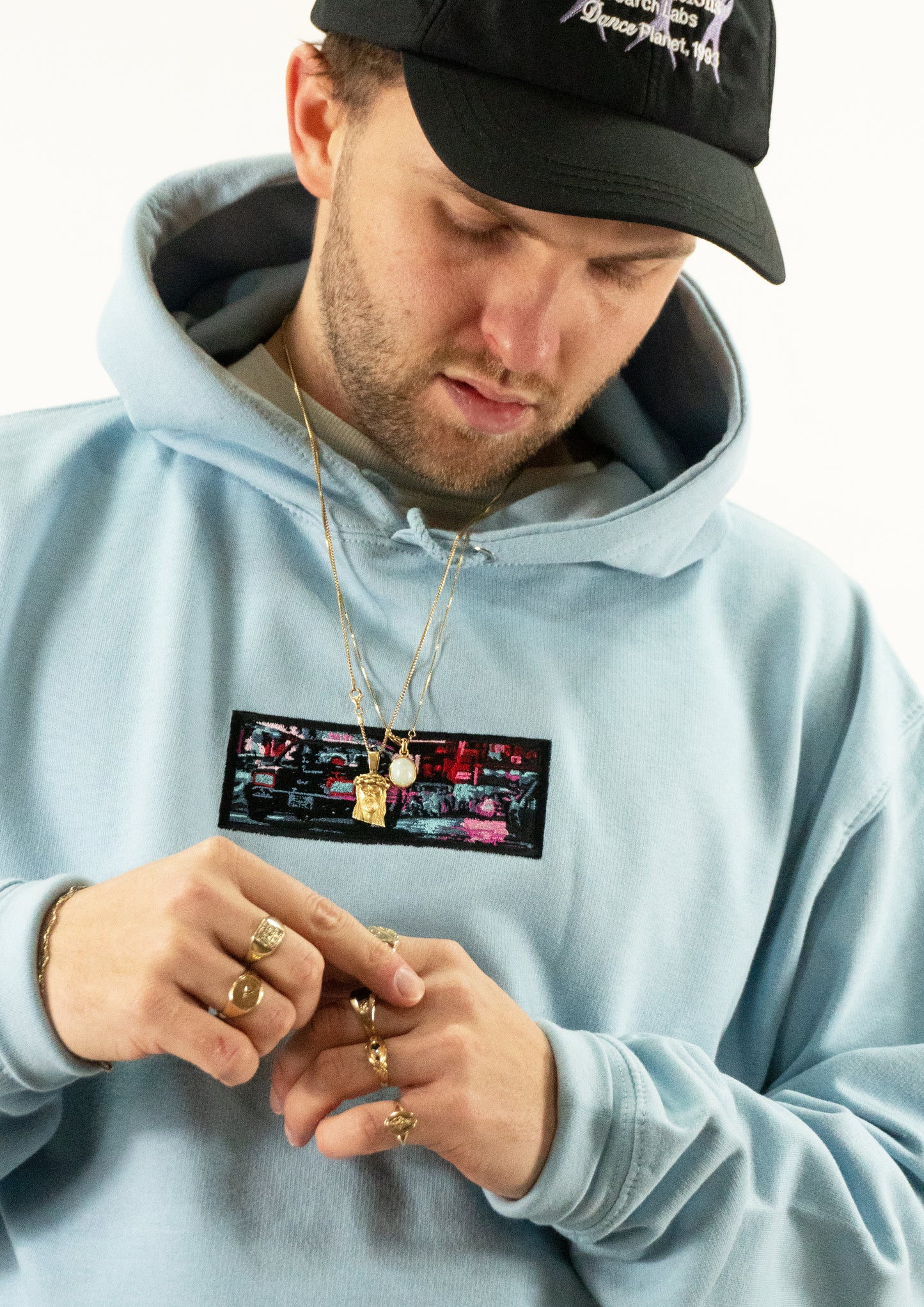A/W23 Embroidered 'Neon Streets' Pullover {sky}
