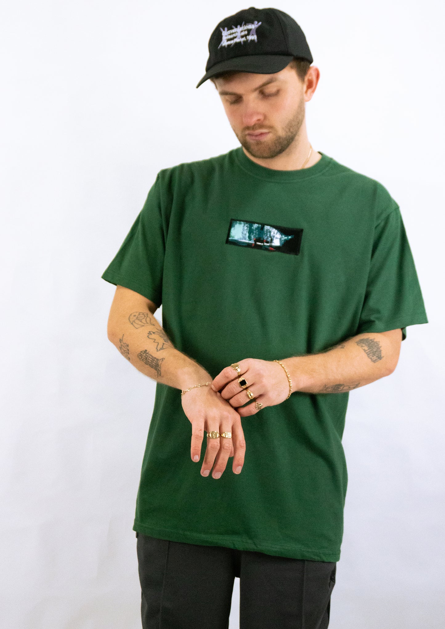A/W23 Embroidered 'Under The Bridge In The Rain' T-Shirt {forest}